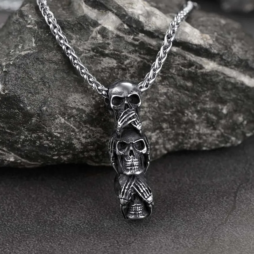 See No Evil, Hear No Evil, Speak No Evil Skull Necklace For Men