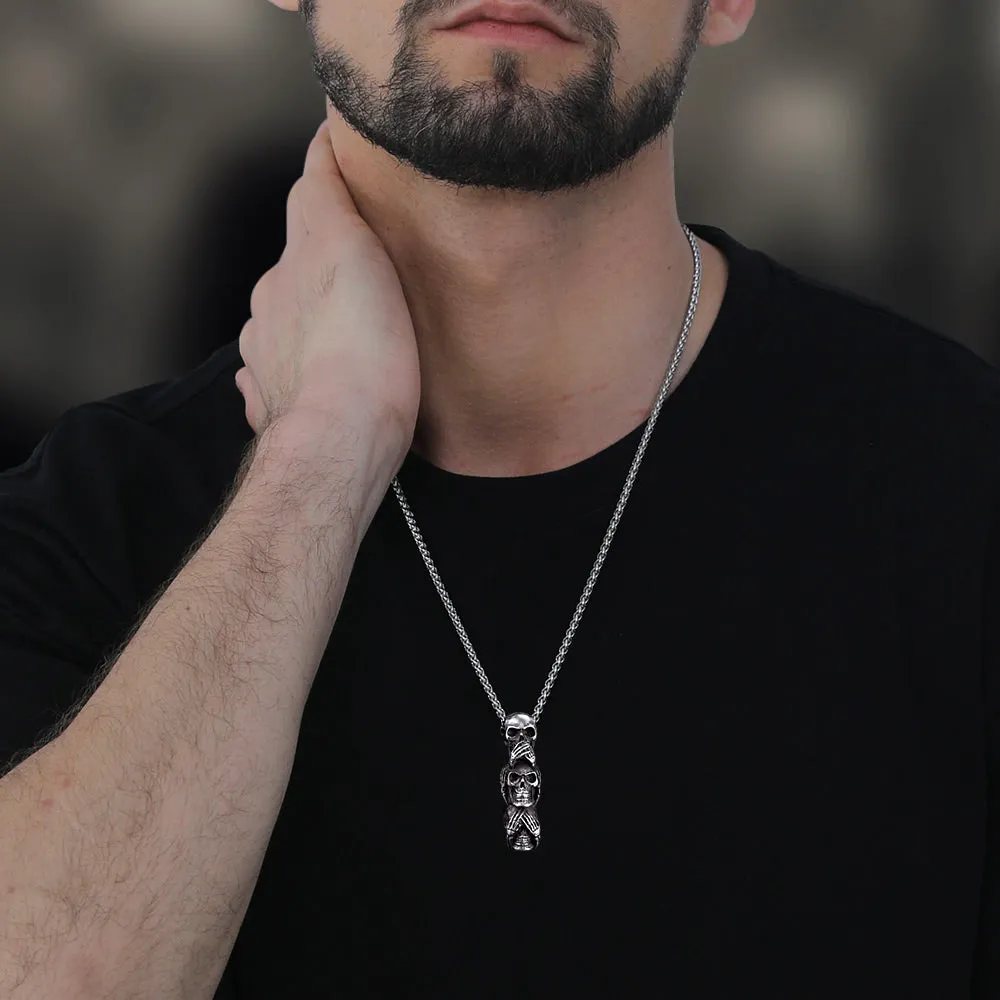 See No Evil, Hear No Evil, Speak No Evil Skull Necklace For Men