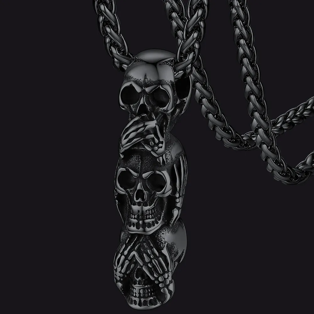 See No Evil, Hear No Evil, Speak No Evil Skull Necklace For Men