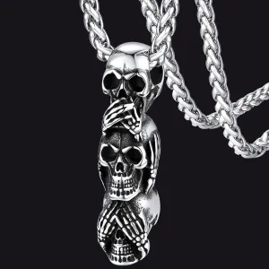 See No Evil, Hear No Evil, Speak No Evil Skull Necklace For Men