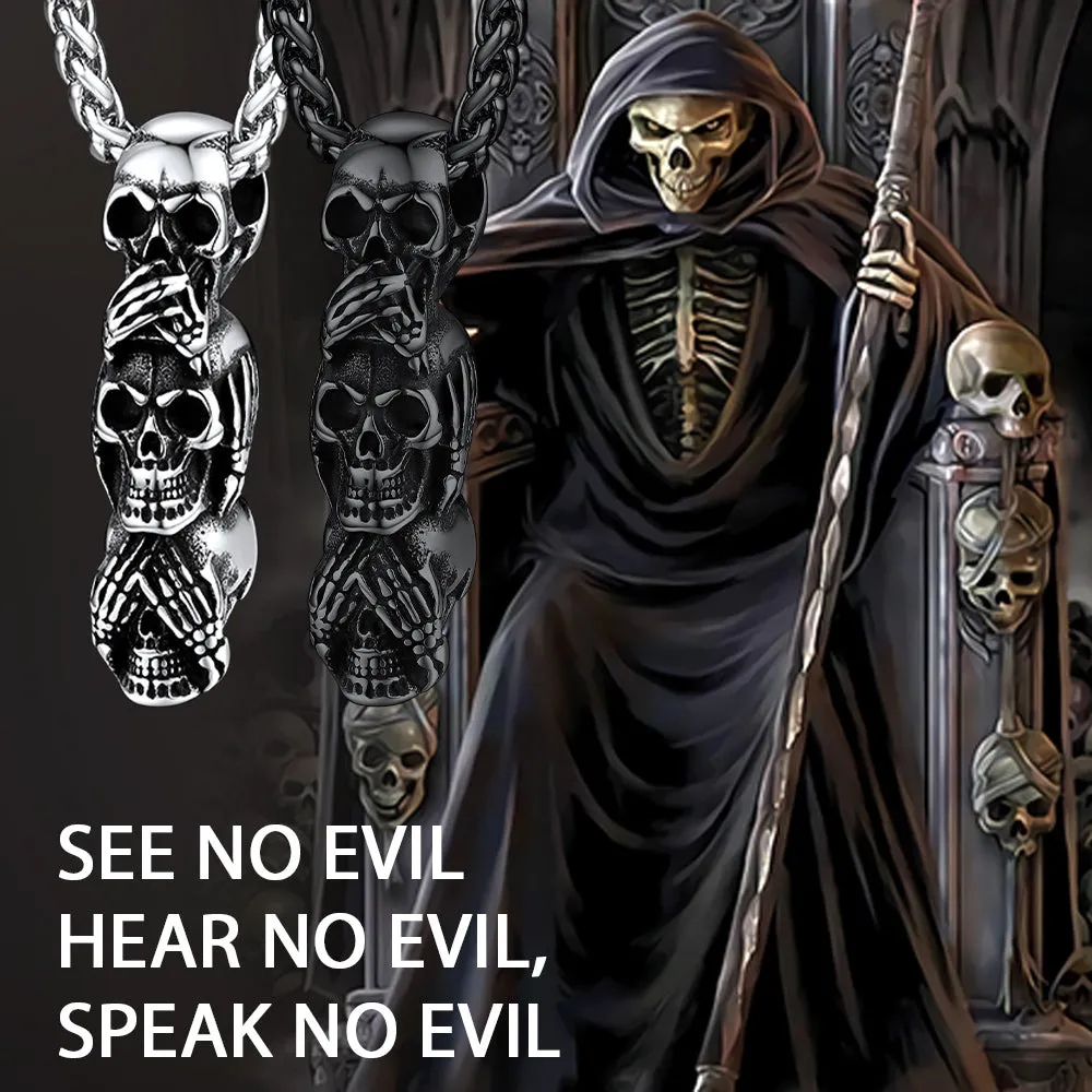 See No Evil, Hear No Evil, Speak No Evil Skull Necklace For Men