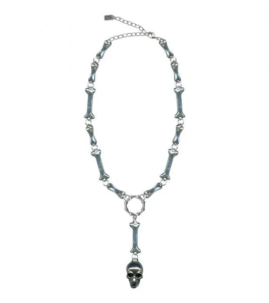 Silver Bone Link Skull Drop Necklace