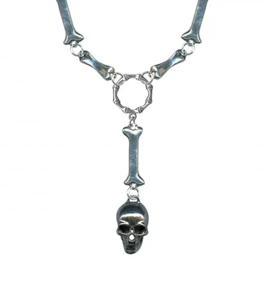Silver Bone Link Skull Drop Necklace