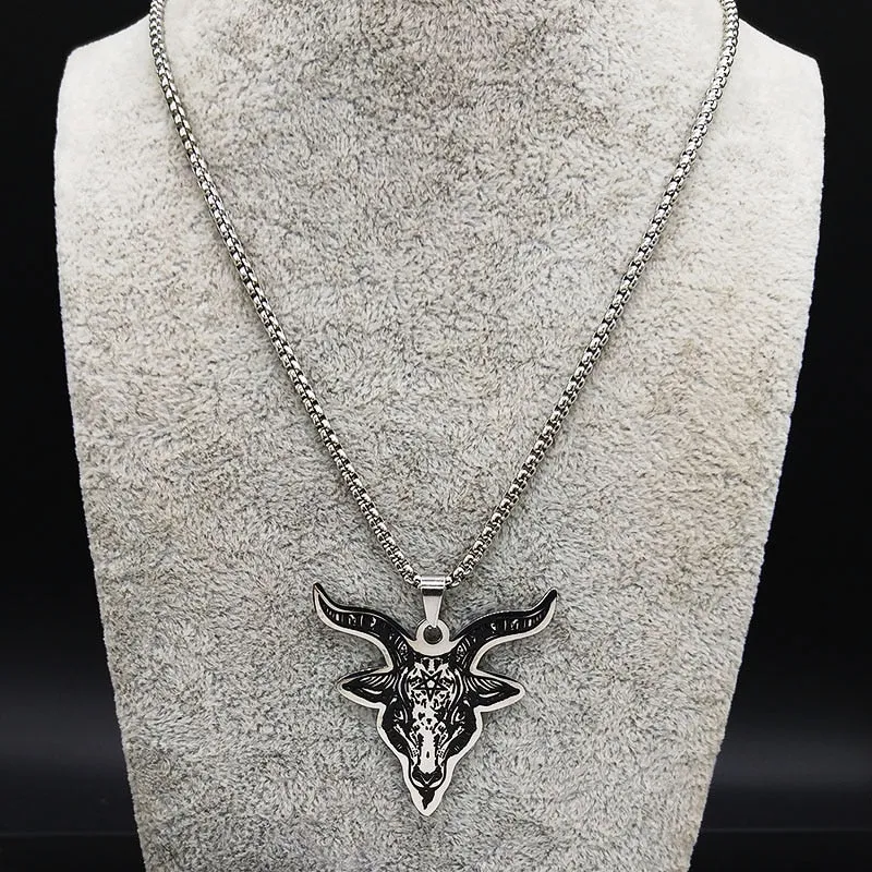 Silver Color Statement Necklace for Men Stainless Steel Satan Sheep Head Necklace Jewelry