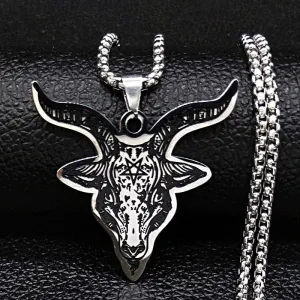Silver Color Statement Necklace for Men Stainless Steel Satan Sheep Head Necklace Jewelry