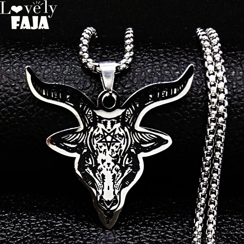 Silver Color Statement Necklace for Men Stainless Steel Satan Sheep Head Necklace Jewelry