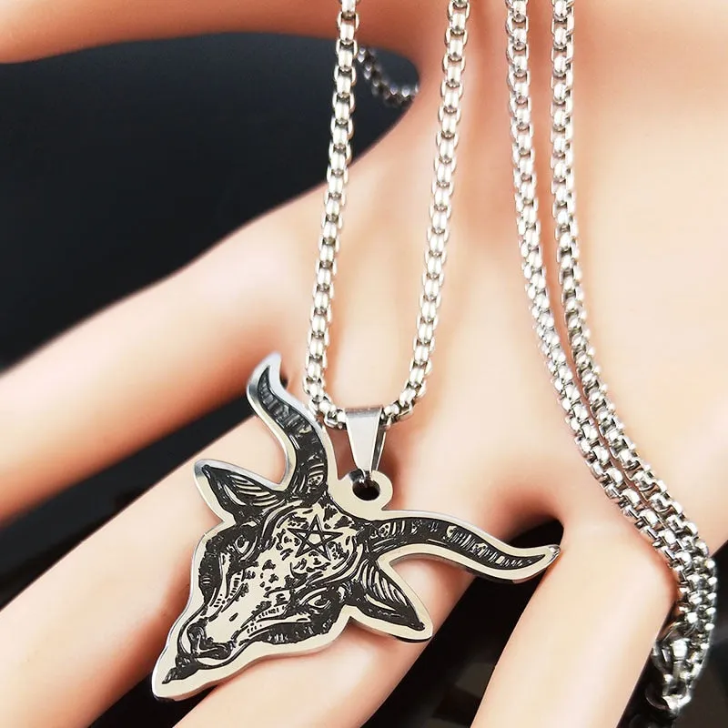 Silver Color Statement Necklace for Men Stainless Steel Satan Sheep Head Necklace Jewelry