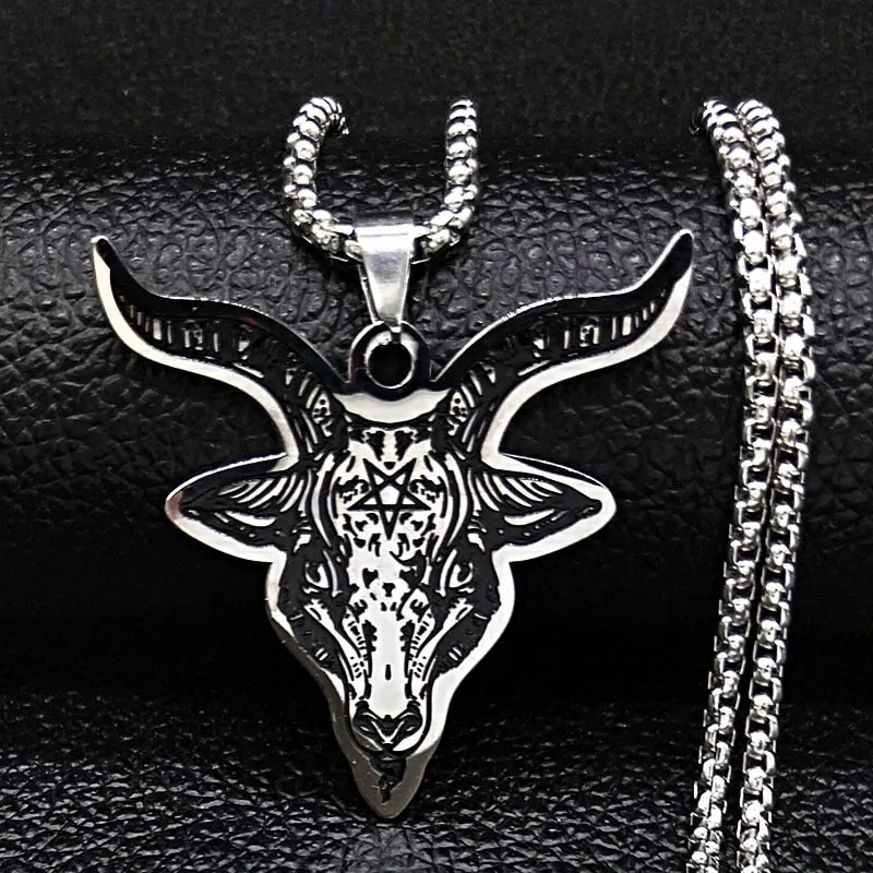 Silver Color Statement Necklace for Men Stainless Steel Satan Sheep Head Necklace Jewelry
