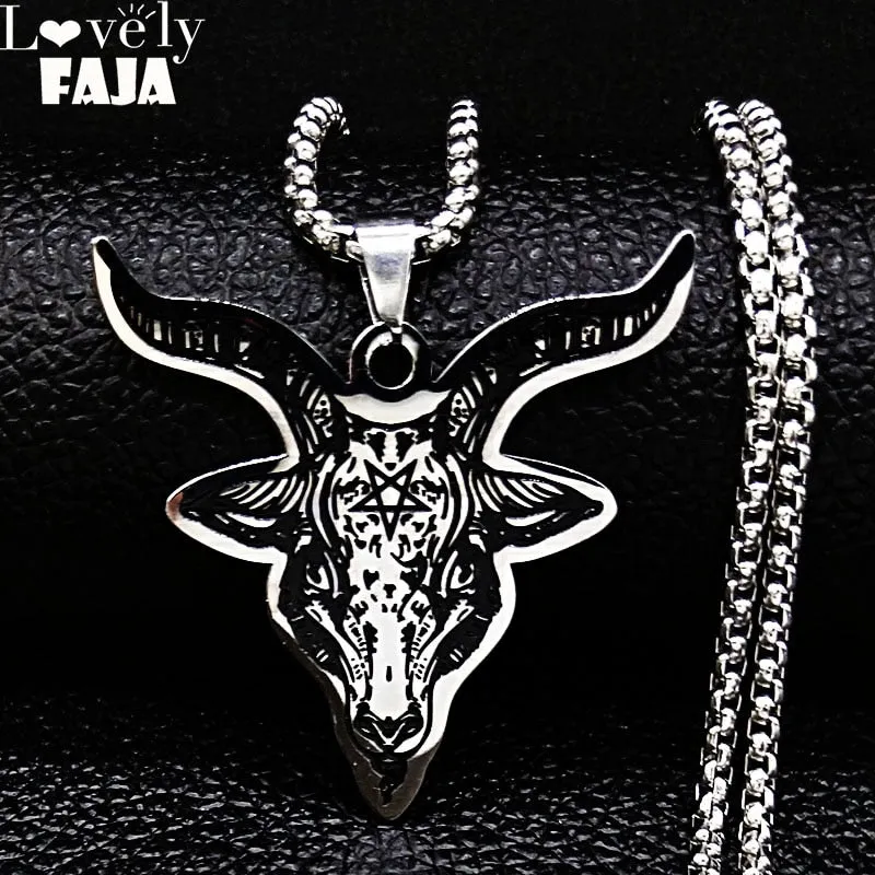 Silver Color Statement Necklace for Men Stainless Steel Satan Sheep Head Necklace Jewelry