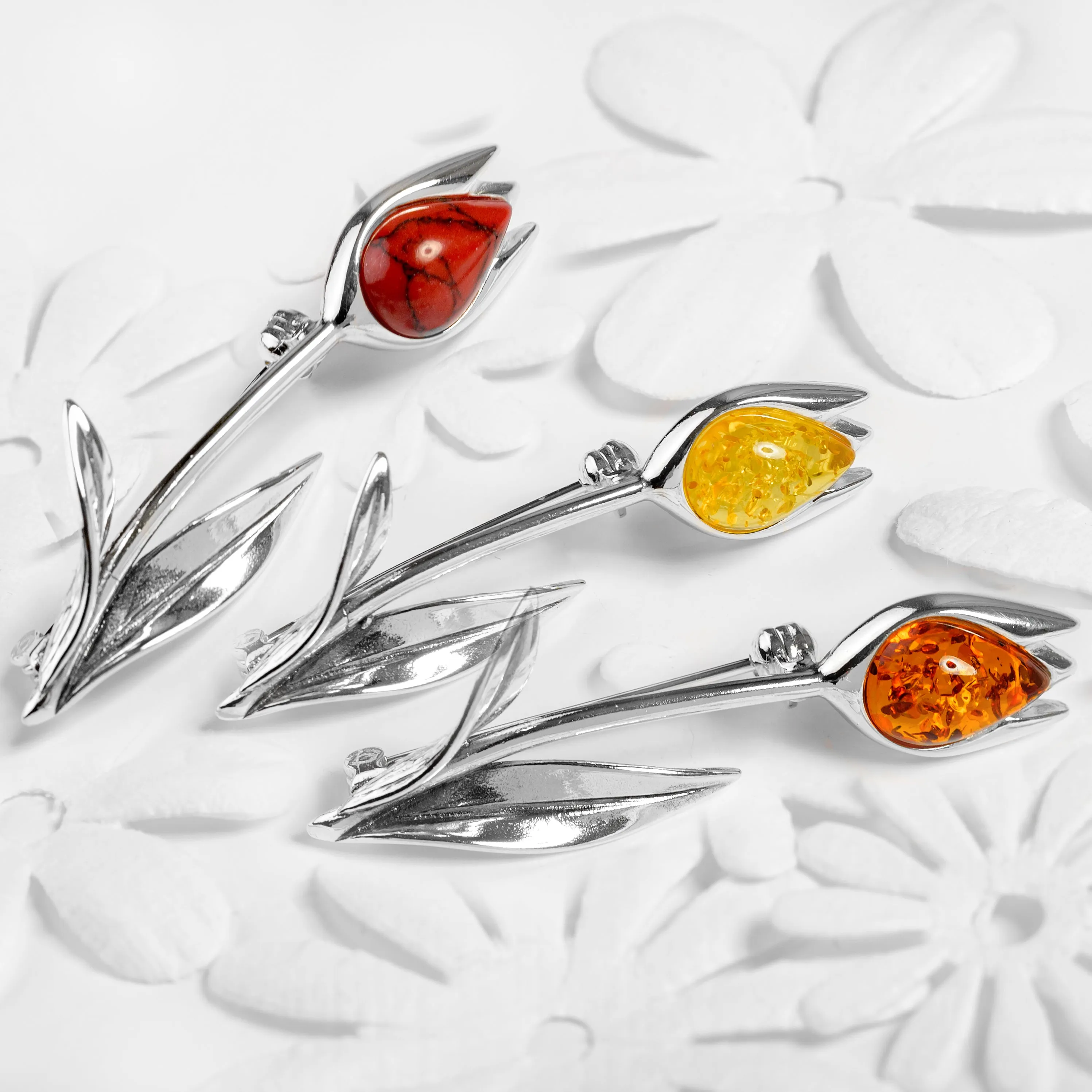 Single Tulip Brooch in Silver and Coral