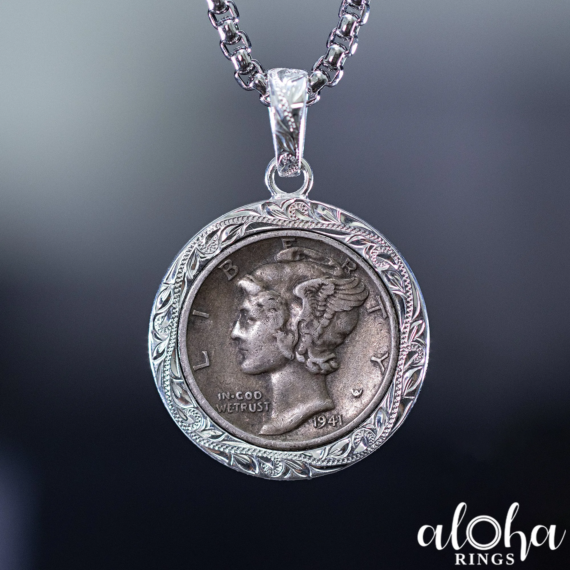 Sterling Silver [12mm] Mercury Dime Hawaiian Jewelry Pendant - Chain Included