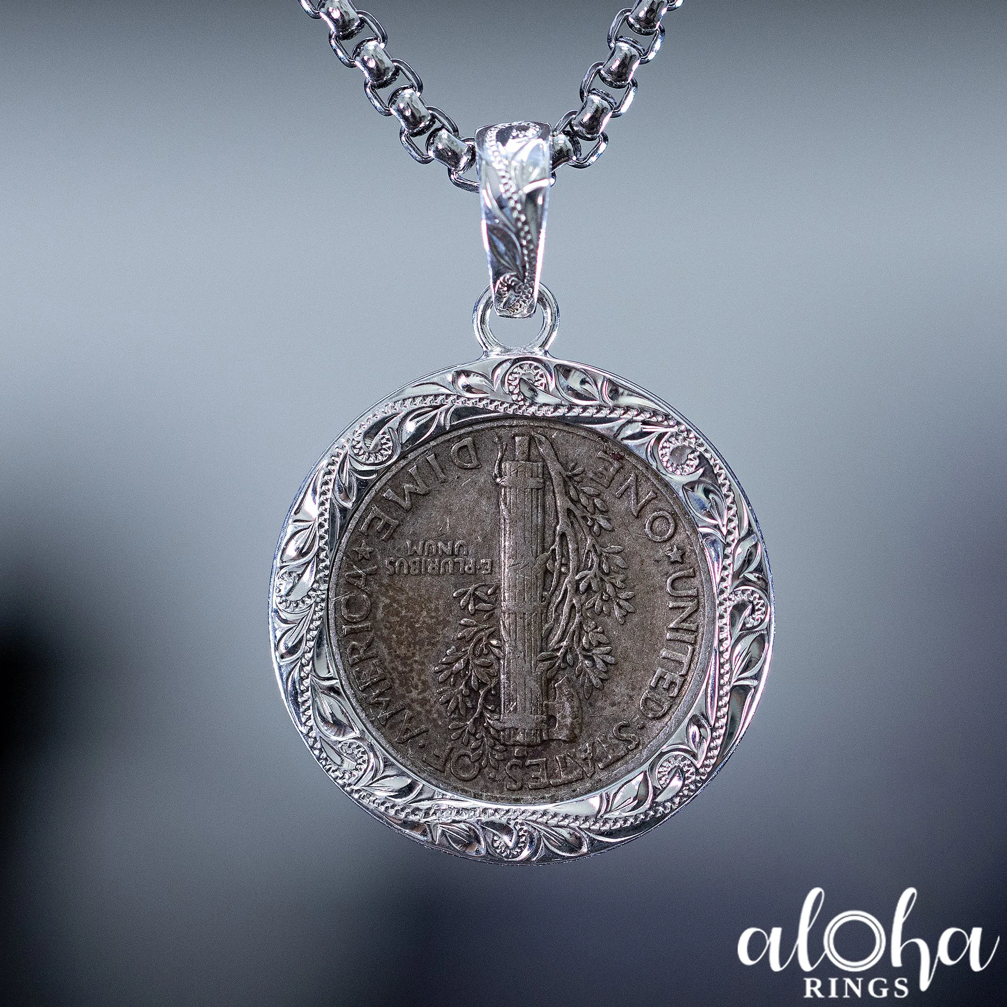 Sterling Silver [12mm] Mercury Dime Hawaiian Jewelry Pendant - Chain Included