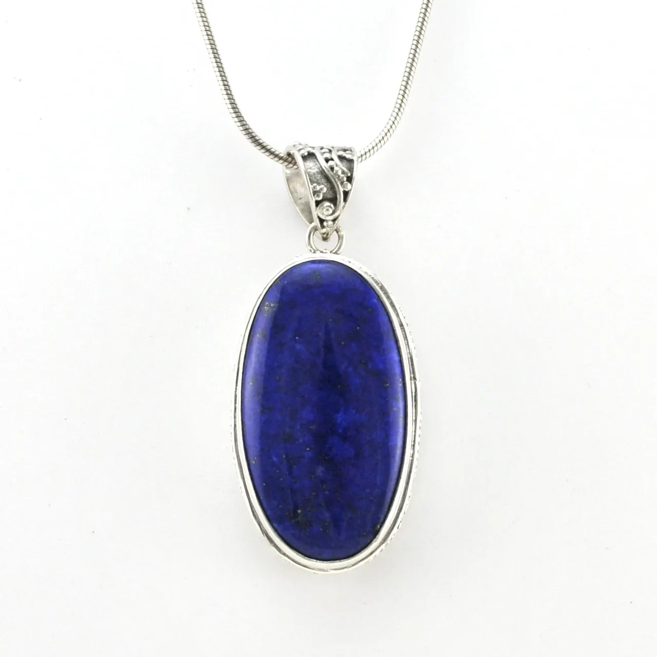 Sterling Silver Lapis 16x28mm Oval Bali Pendant