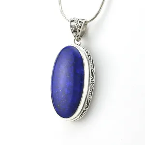 Sterling Silver Lapis 16x28mm Oval Bali Pendant