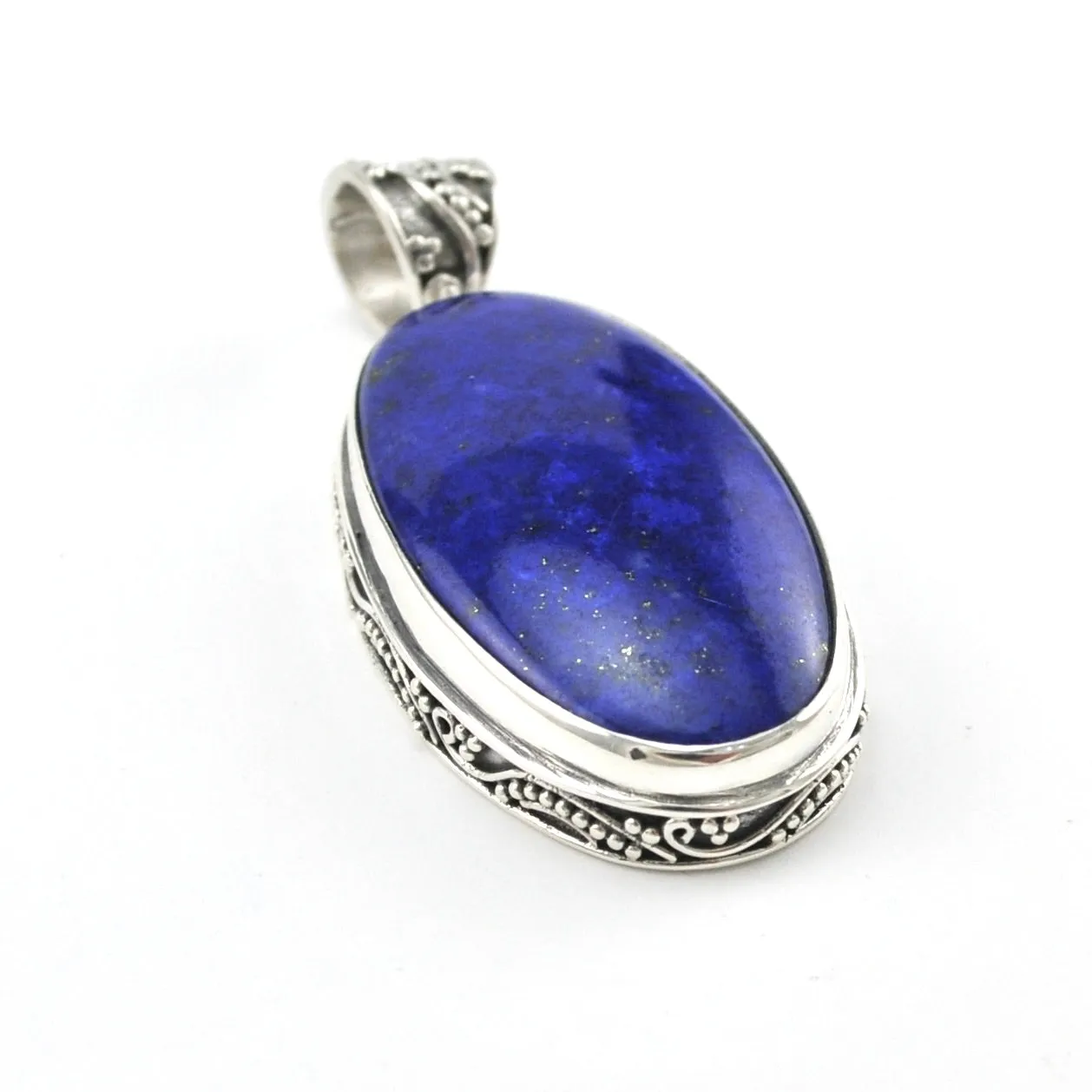 Sterling Silver Lapis 16x28mm Oval Bali Pendant