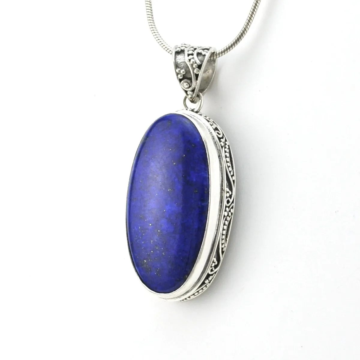 Sterling Silver Lapis 16x28mm Oval Bali Pendant