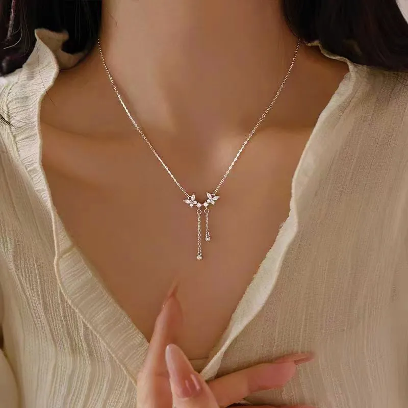 Sterling Silver Luxury Diamond Butterfly Tassel Necklaces