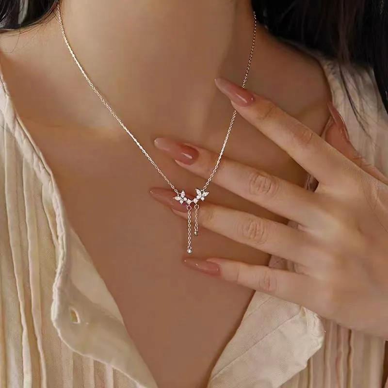 Sterling Silver Luxury Diamond Butterfly Tassel Necklaces