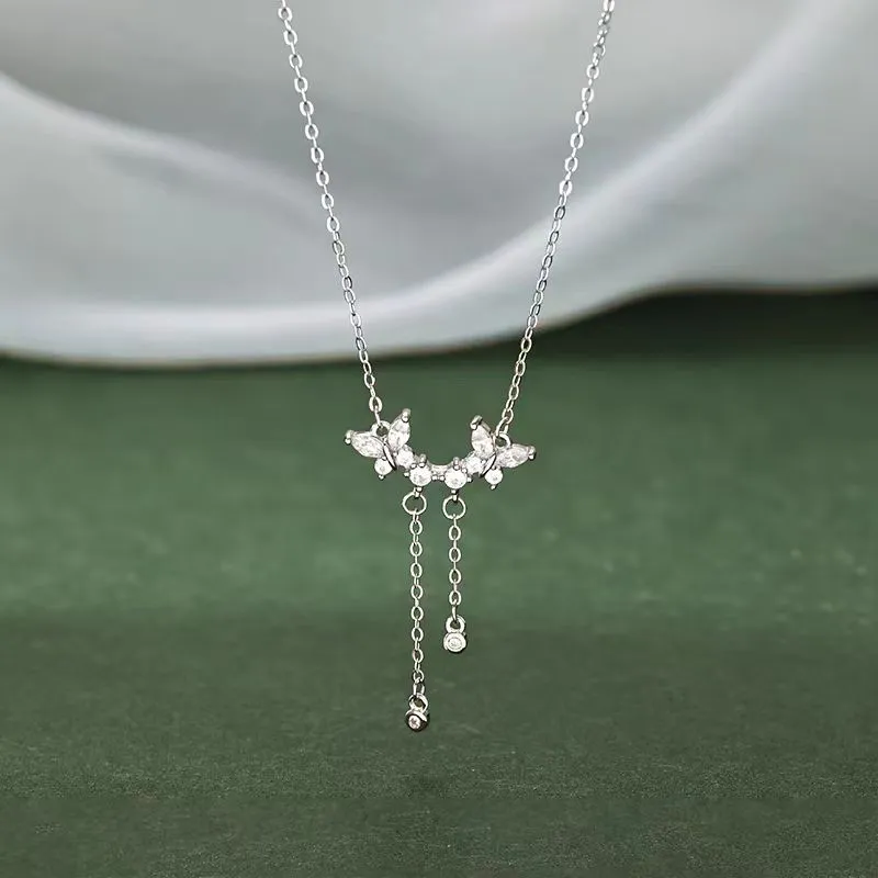 Sterling Silver Luxury Diamond Butterfly Tassel Necklaces