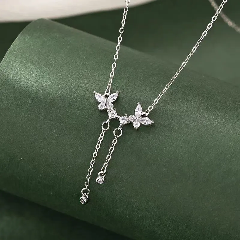 Sterling Silver Luxury Diamond Butterfly Tassel Necklaces