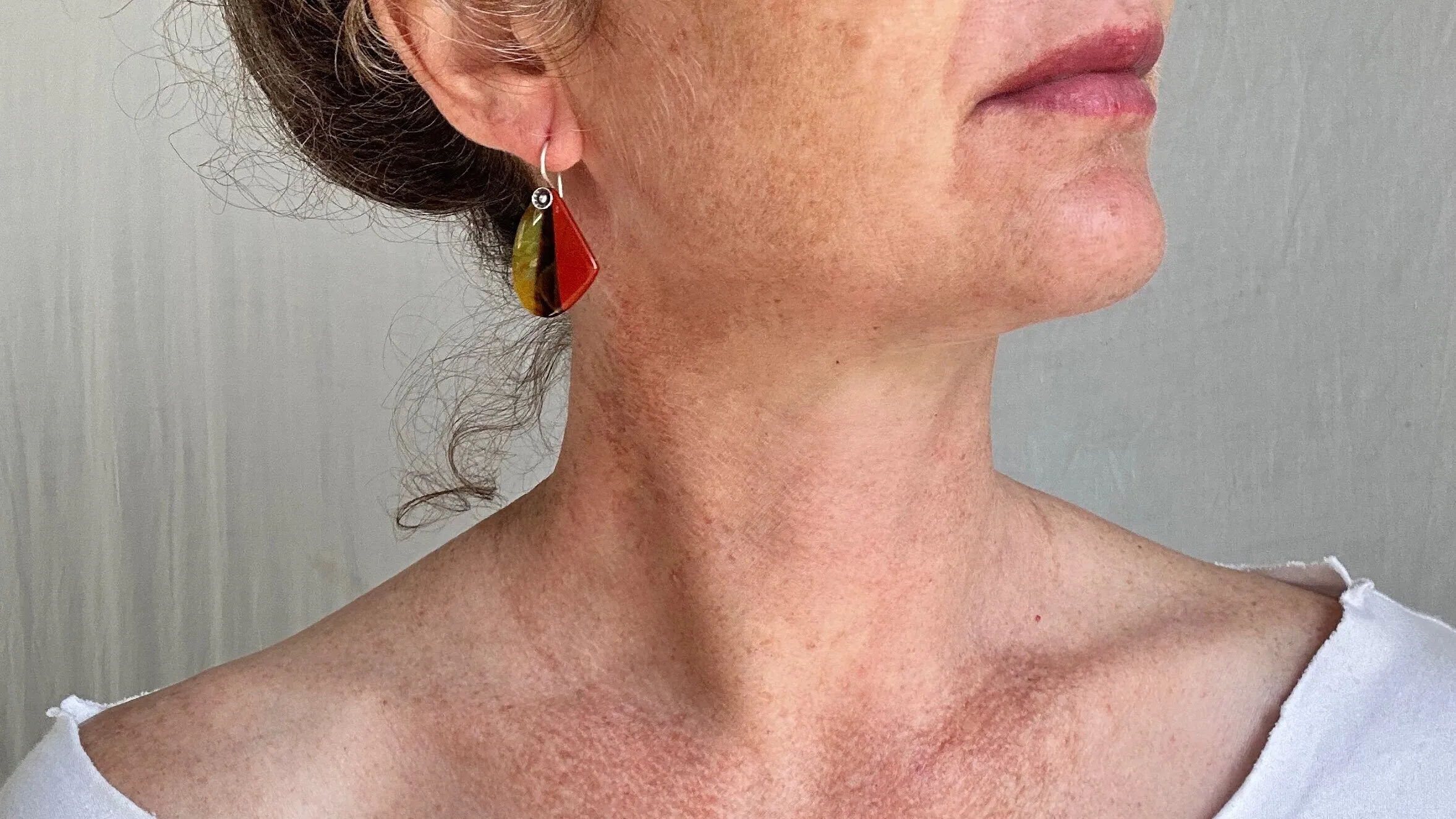 Stone Mosaic Earrings. Yellow Opal, Red Jasper, Tiger's Eye. 2064