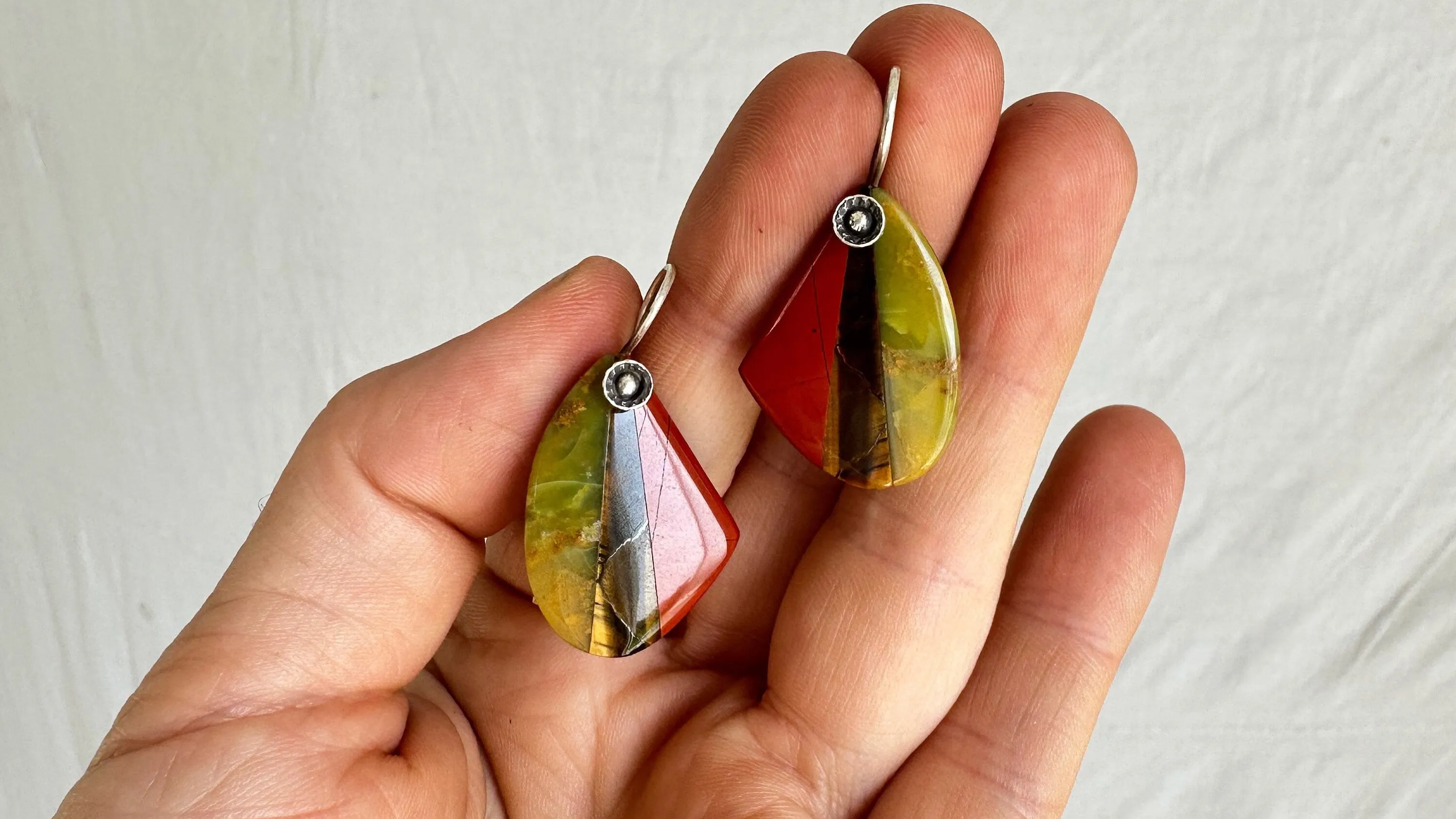 Stone Mosaic Earrings. Yellow Opal, Red Jasper, Tiger's Eye. 2064