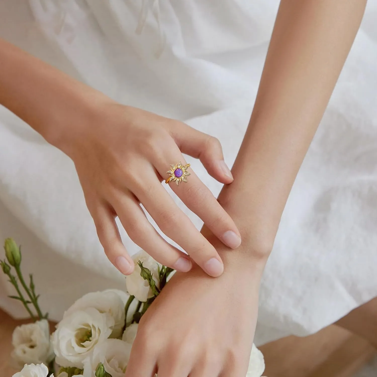 Tangled Rapunzel Spinning Sun Purple Opal Flower Princesses Movie Rings for Women Sundrop Accessories Charm Twist Open Plated Gold Princess Ring Gifts Jewelry