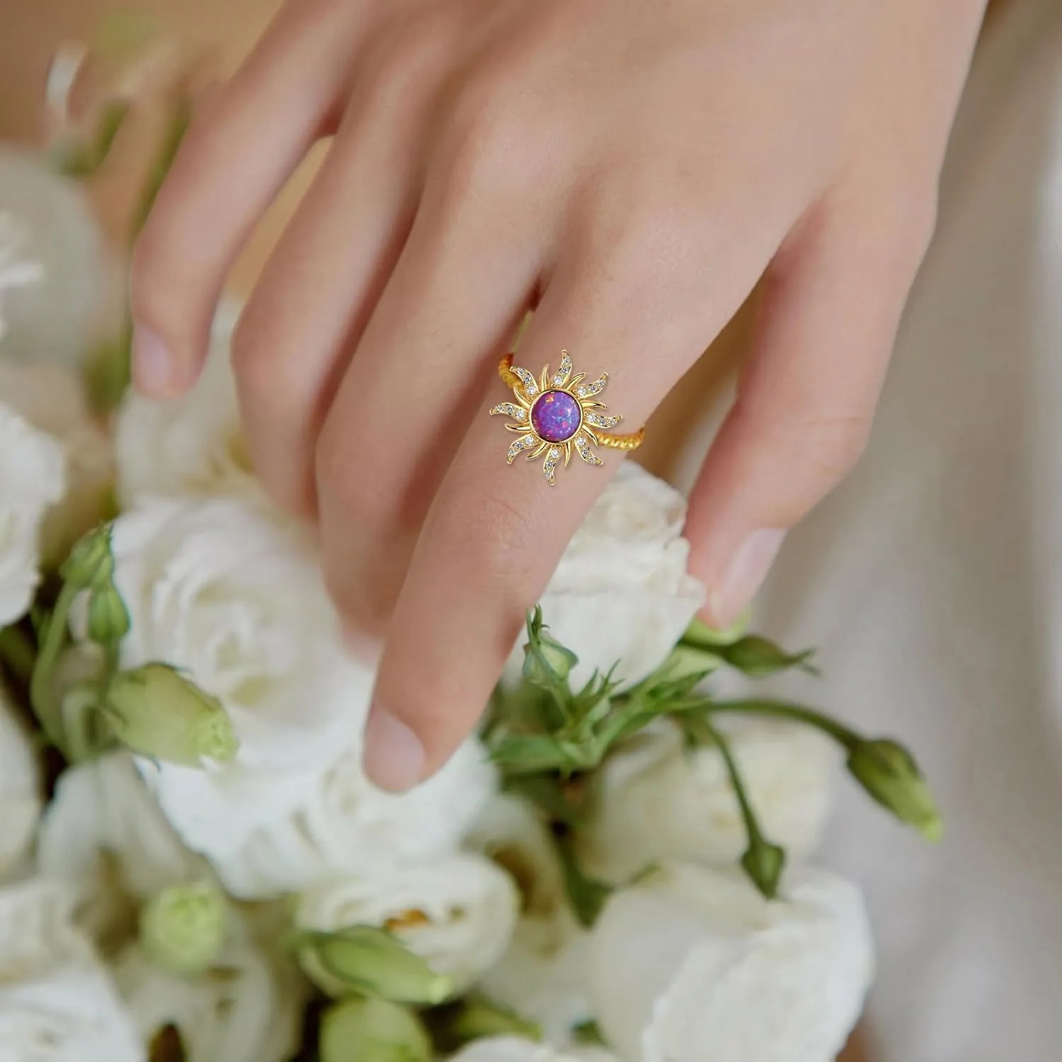 Tangled Rapunzel Spinning Sun Purple Opal Flower Princesses Movie Rings for Women Sundrop Accessories Charm Twist Open Plated Gold Princess Ring Gifts Jewelry