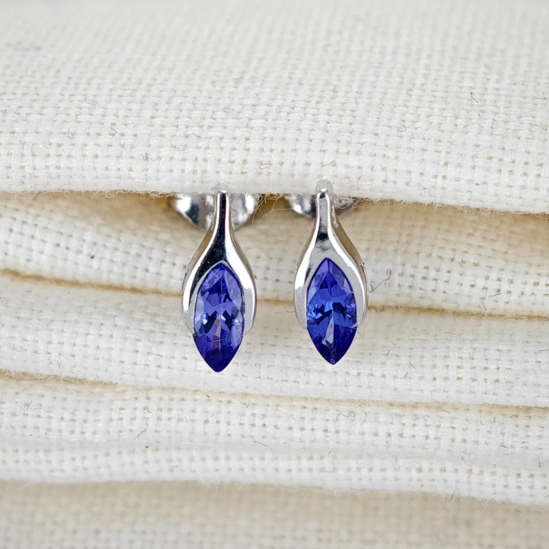 Tanzanite Earrings 9ct White Gold Studs Minimalist Marquise