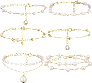 Tondiamo 6 Pcs Gold Pearl Beaded Bracelets for Women Dainty Pearl Bracelet Stack Jewelry Gold Plated Bracelets for Women