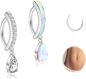 UBGICIG 14G Belly Button Ring for Women - Silver/Gold 316L Surgical Steel Belly Button Rings CZ 10mm Clicker Opal Heart Dangling Belly Rings Dainty Body Piercing Jewelry