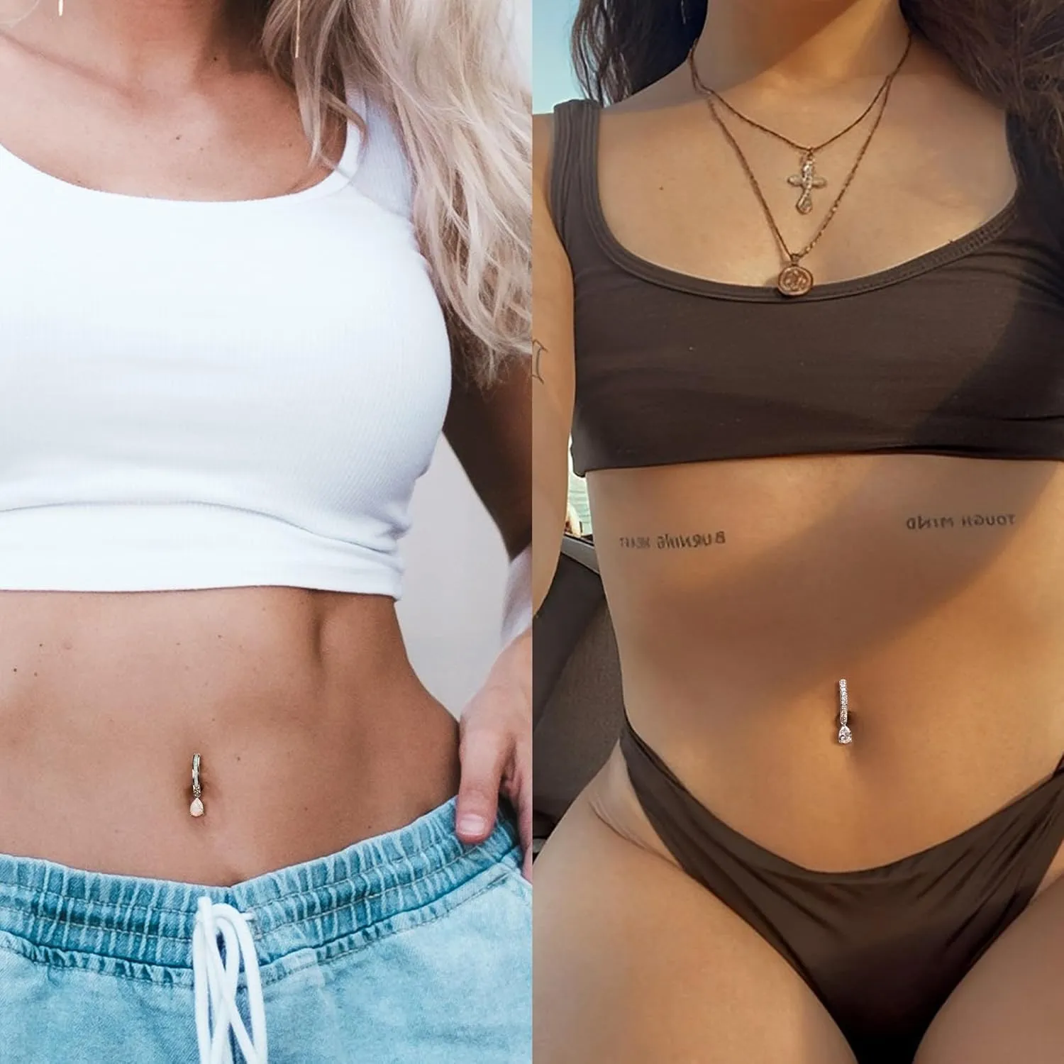 UBGICIG 14G Belly Button Ring for Women - Silver/Gold 316L Surgical Steel Belly Button Rings CZ 10mm Clicker Opal Heart Dangling Belly Rings Dainty Body Piercing Jewelry