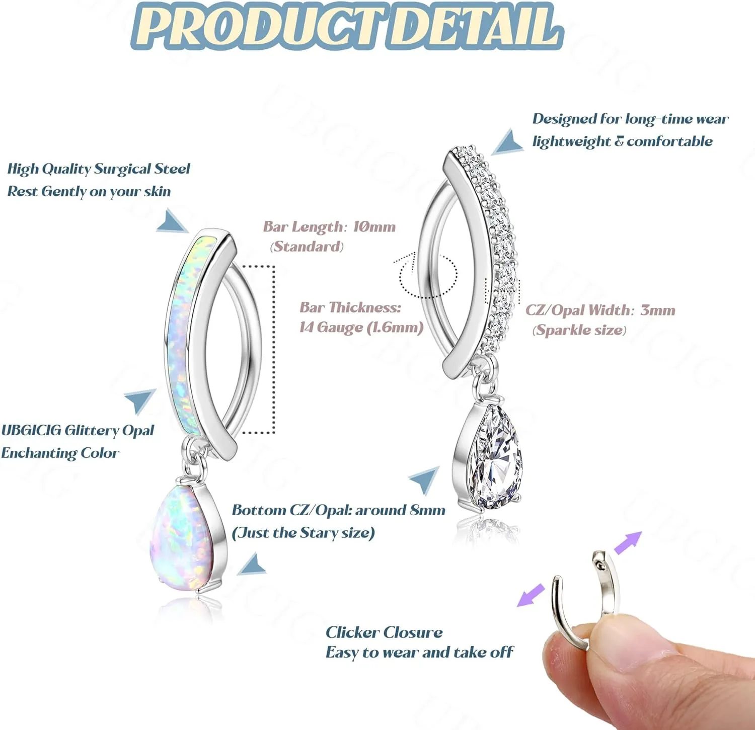 UBGICIG 14G Belly Button Ring for Women - Silver/Gold 316L Surgical Steel Belly Button Rings CZ 10mm Clicker Opal Heart Dangling Belly Rings Dainty Body Piercing Jewelry