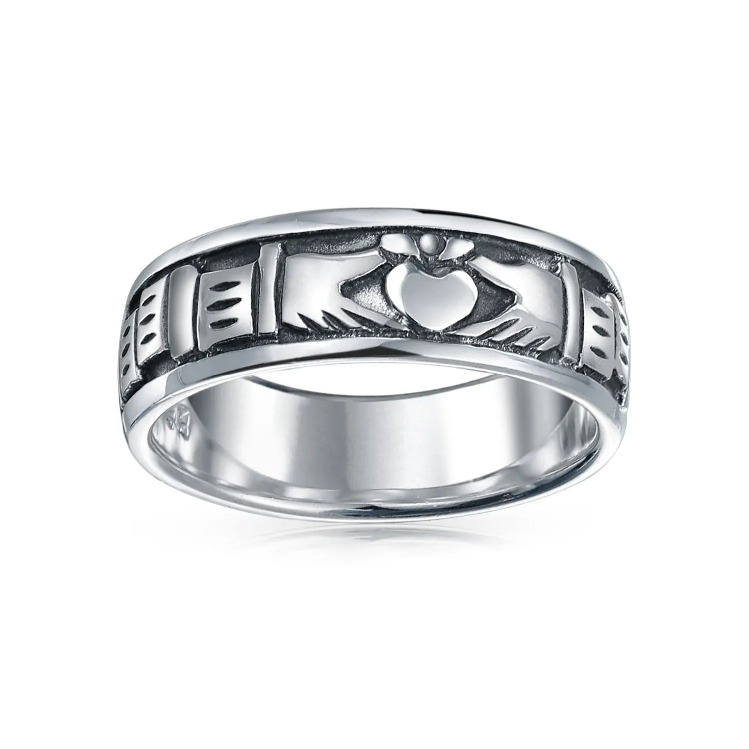 Unisex Celtic Claddagh Wedding Band Silver Ring for Couples Oxidized Sterling