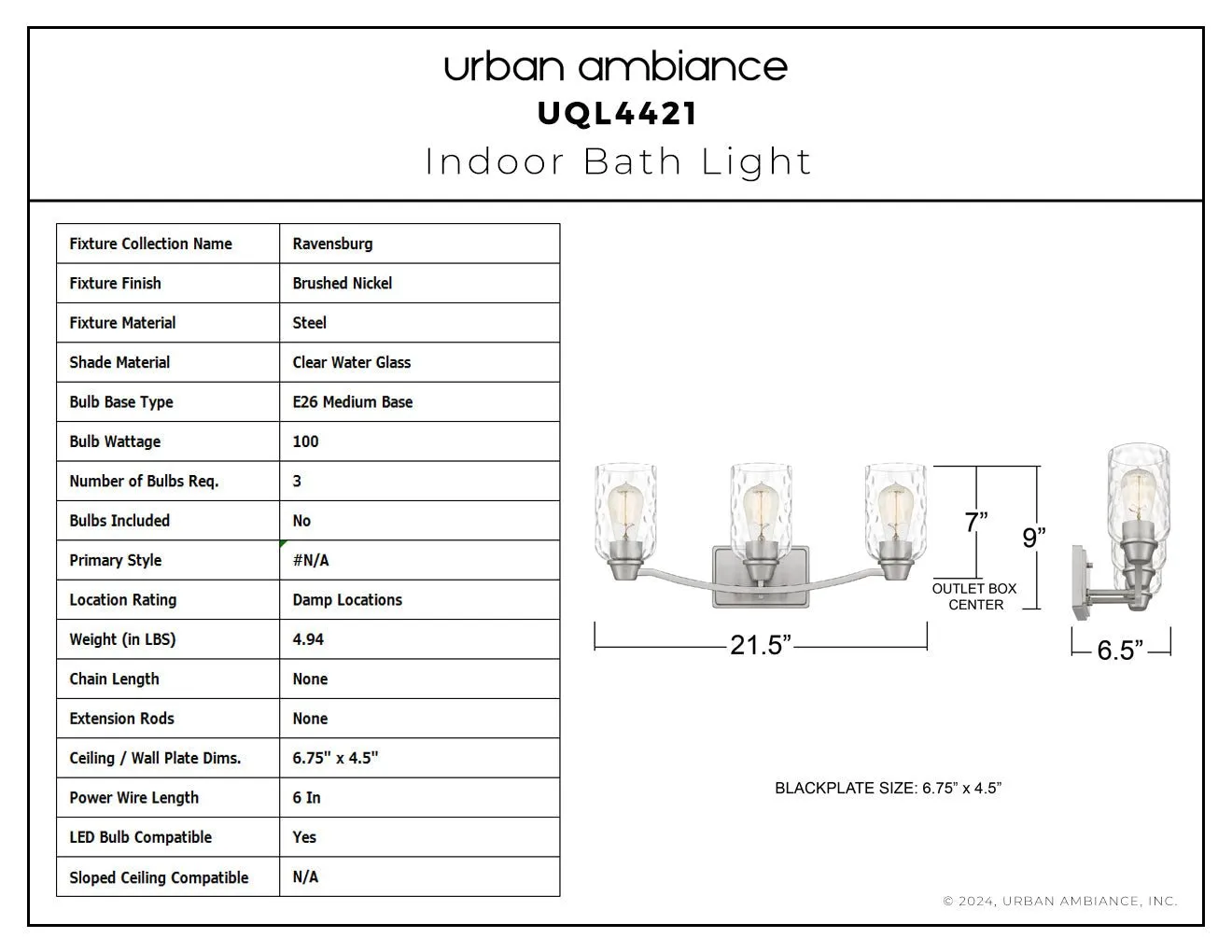 UQL4421 Classic Indoor Bath Light, 9.00''H x 21.50''W x 6.50''D, Brushed Nickel Finish, Ravensburg Collection