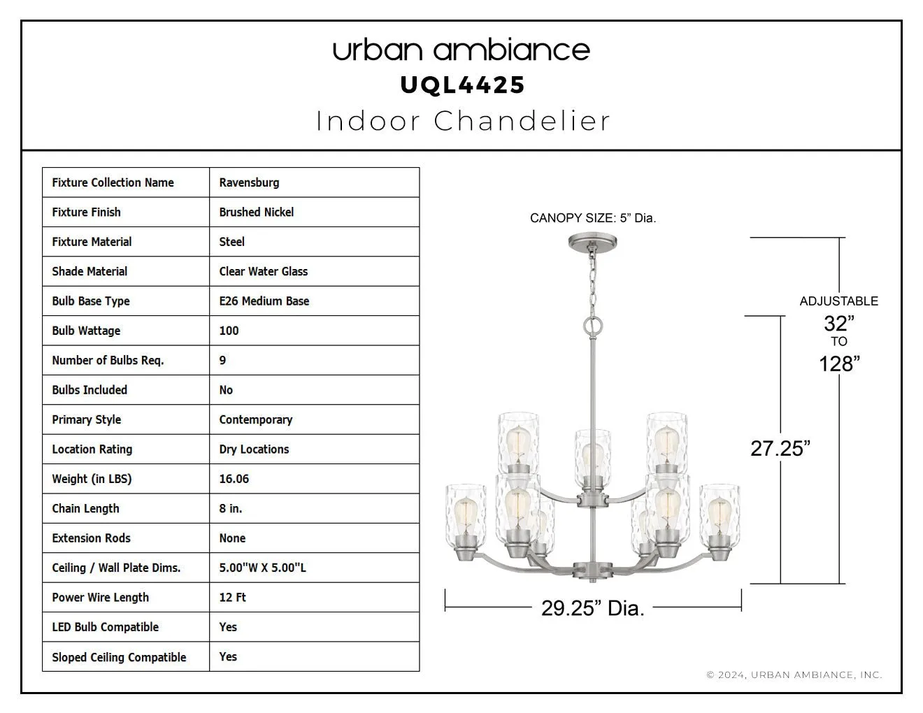 UQL4425 Contemporary Indoor Chandelier, 27.25''H x 29.25''W x 29.25''D, Brushed Nickel Finish, Ravensburg Collection