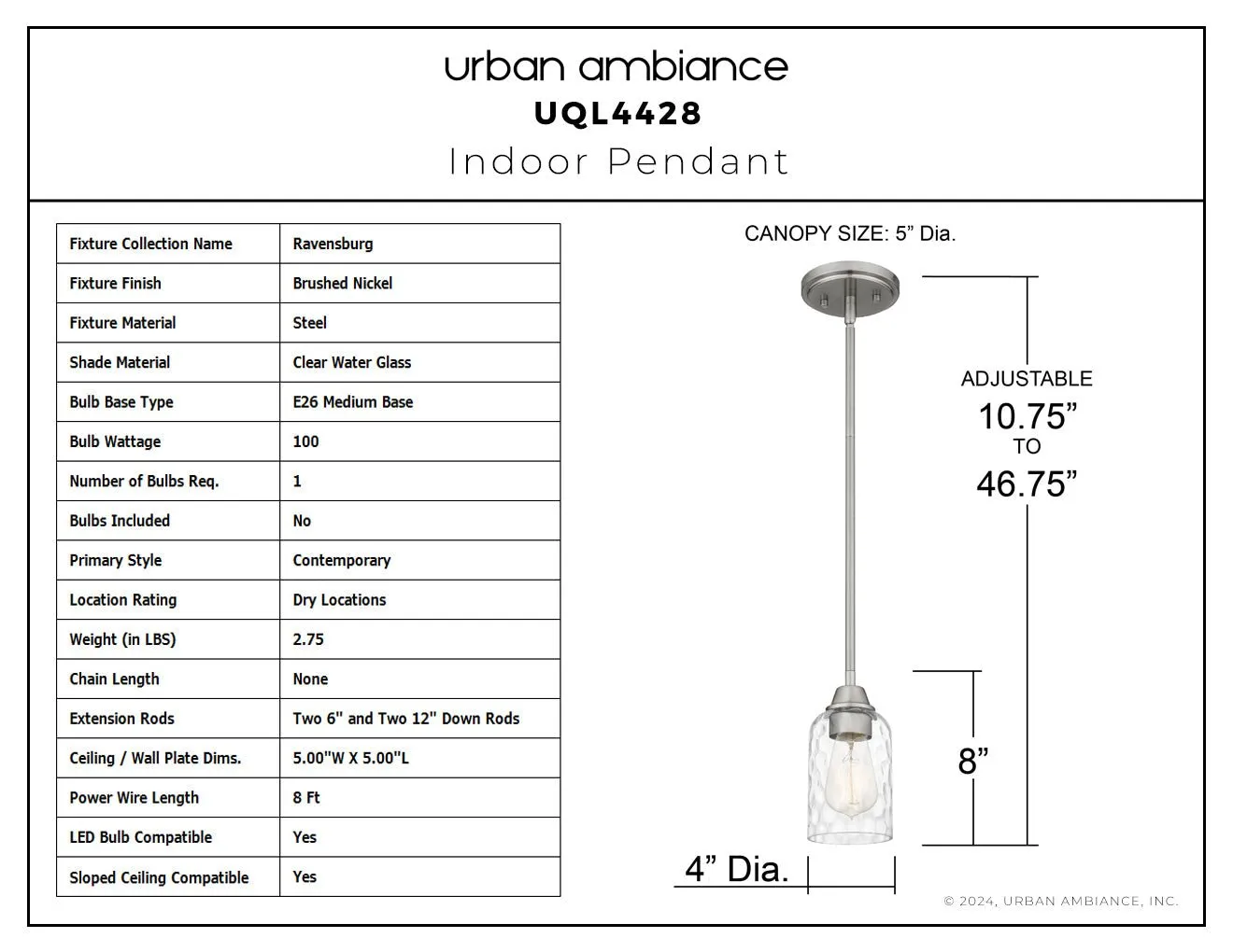 UQL4428 Contemporary Indoor Pendant, 8.00''H x 4.00''W x 4.00''D, Brushed Nickel Finish, Ravensburg Collection
