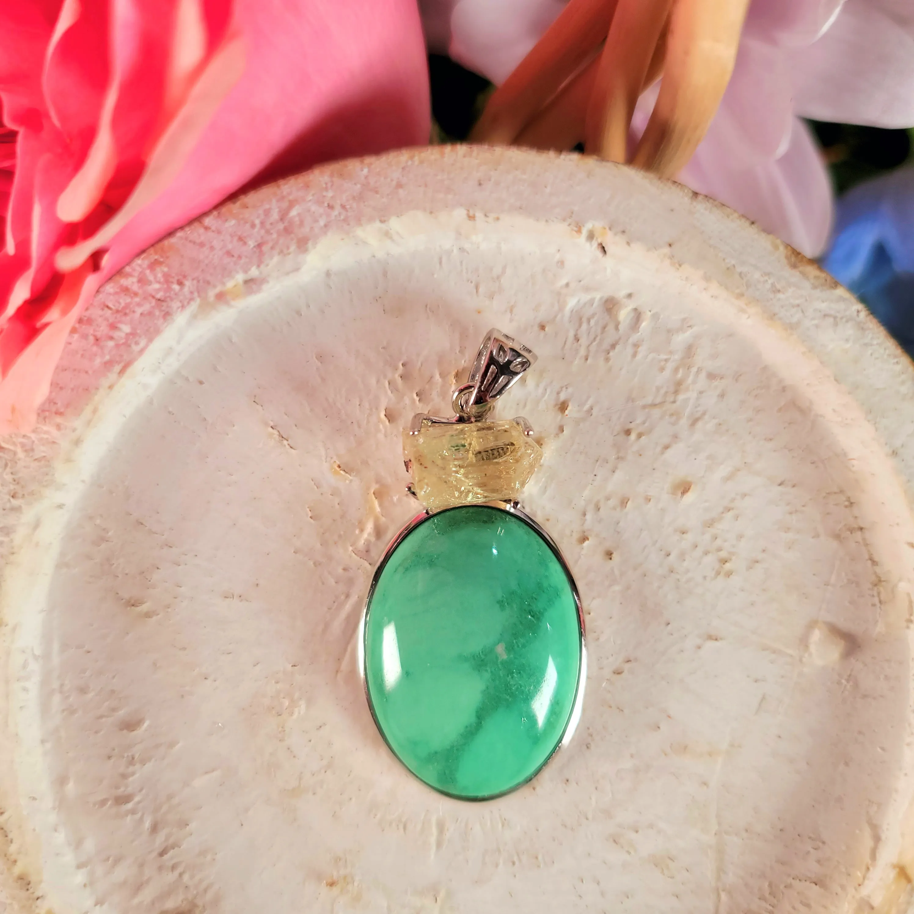 Variscite x Golden Yellow Apatite Pendant .925 Silver for Emotional Healing, Joy, Love and Prosperity