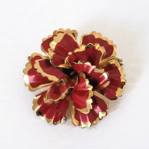 Vintage Enamel Flower Pin Red and Gold Carnation Brooch