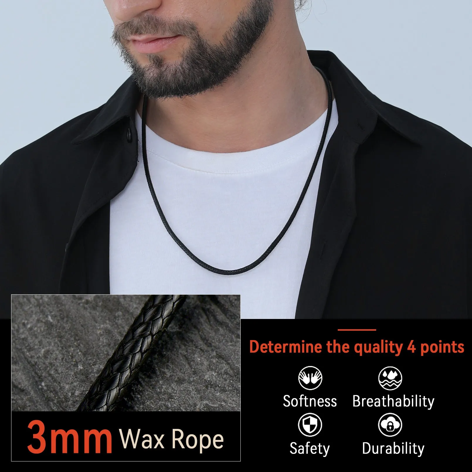Waterproof Black Leather Cord Chain Necklace for Men 2/3mm