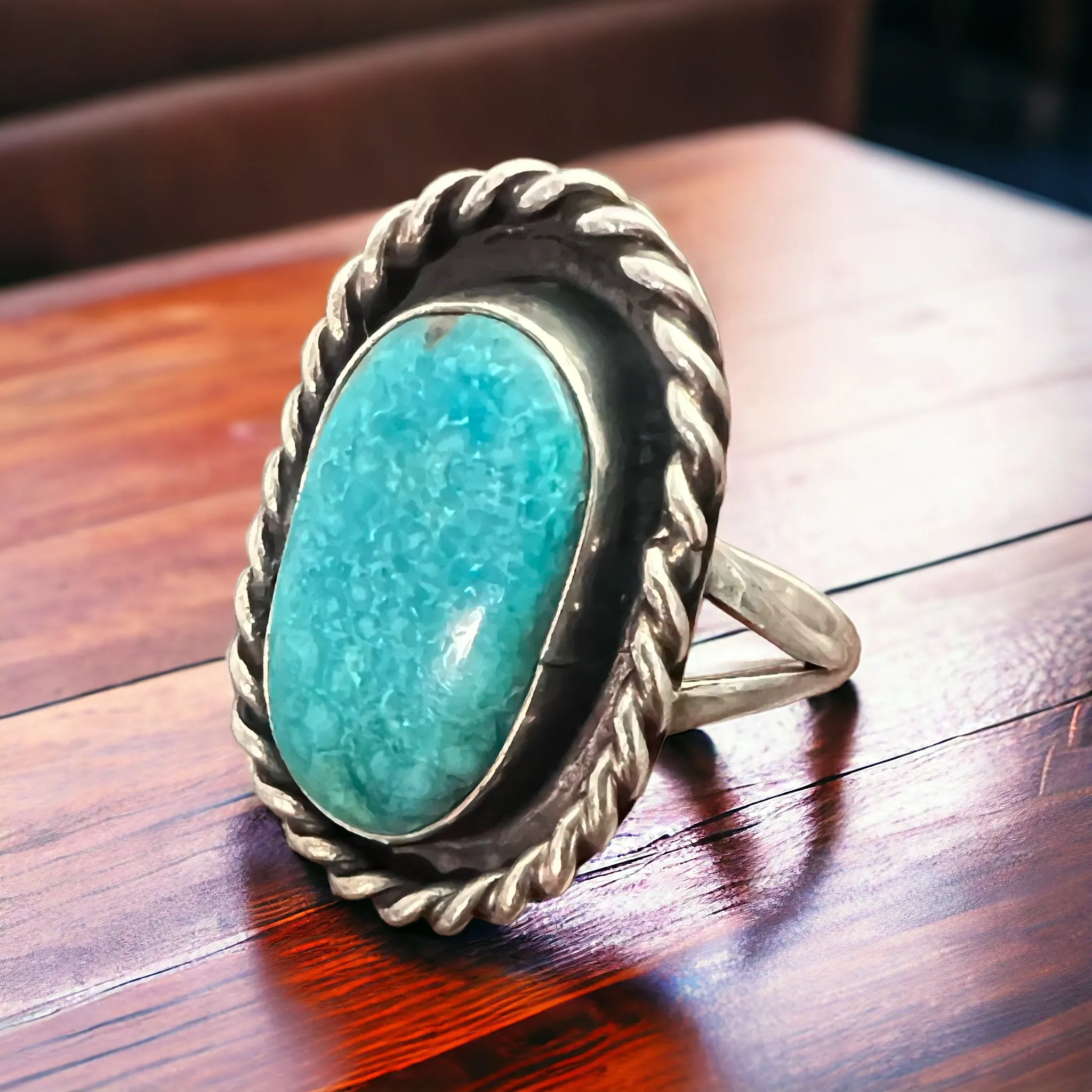 Waterweb Blue Turquoise Cabochon in Sterling - Size 10.5