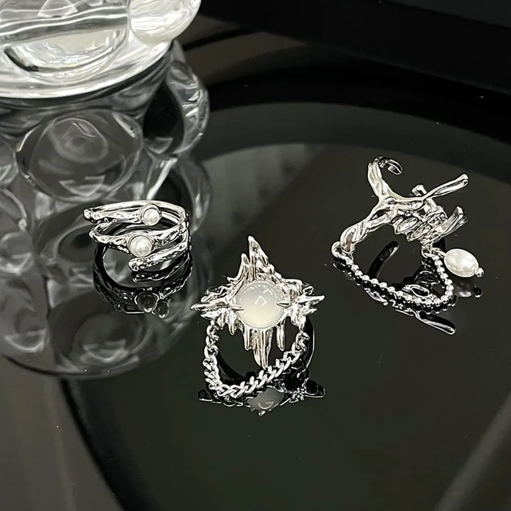 Y2k Moonstone Rings Rhinestone Star Irregular Agate Grunge Rings Set for Women
