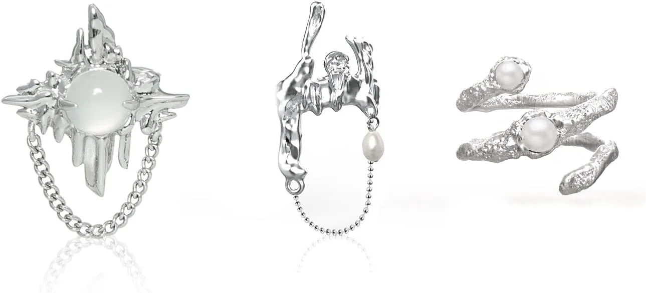 Y2k Moonstone Rings Rhinestone Star Irregular Agate Grunge Rings Set for Women