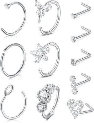 Zolure 18g 20g 22g Nose Rings Nose Studs Surgical Stainless Steel Screw L Shaped Pin Bone Nose Nostrial Piercing Jewerly for Women Men