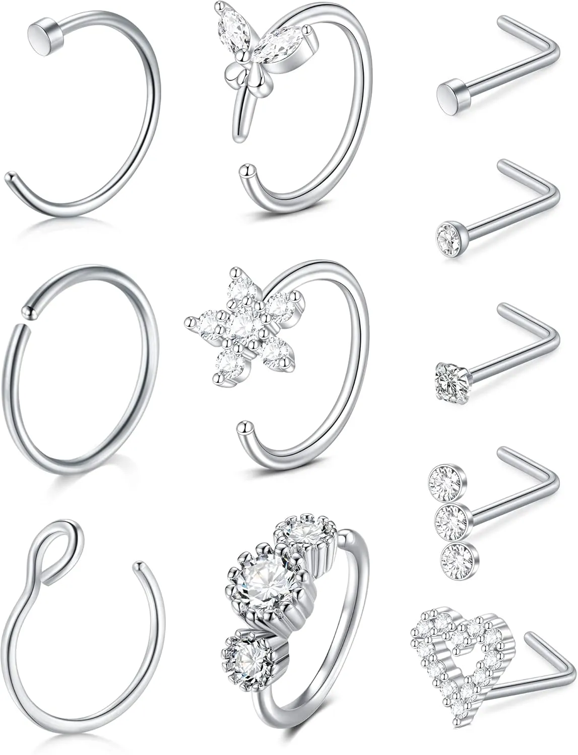 Zolure 18g 20g 22g Nose Rings Nose Studs Surgical Stainless Steel Screw L Shaped Pin Bone Nose Nostrial Piercing Jewerly for Women Men