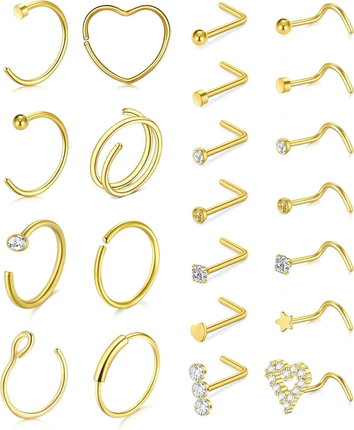 Zolure 18g 20g 22g Nose Rings Nose Studs Surgical Stainless Steel Screw L Shaped Pin Bone Nose Nostrial Piercing Jewerly for Women Men
