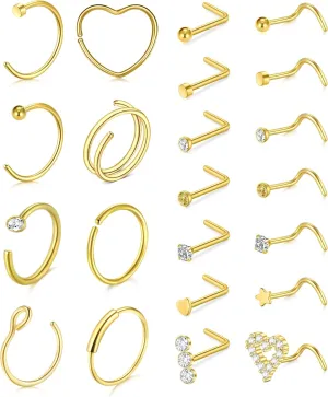 Zolure 18g 20g 22g Nose Rings Nose Studs Surgical Stainless Steel Screw L Shaped Pin Bone Nose Nostrial Piercing Jewerly for Women Men